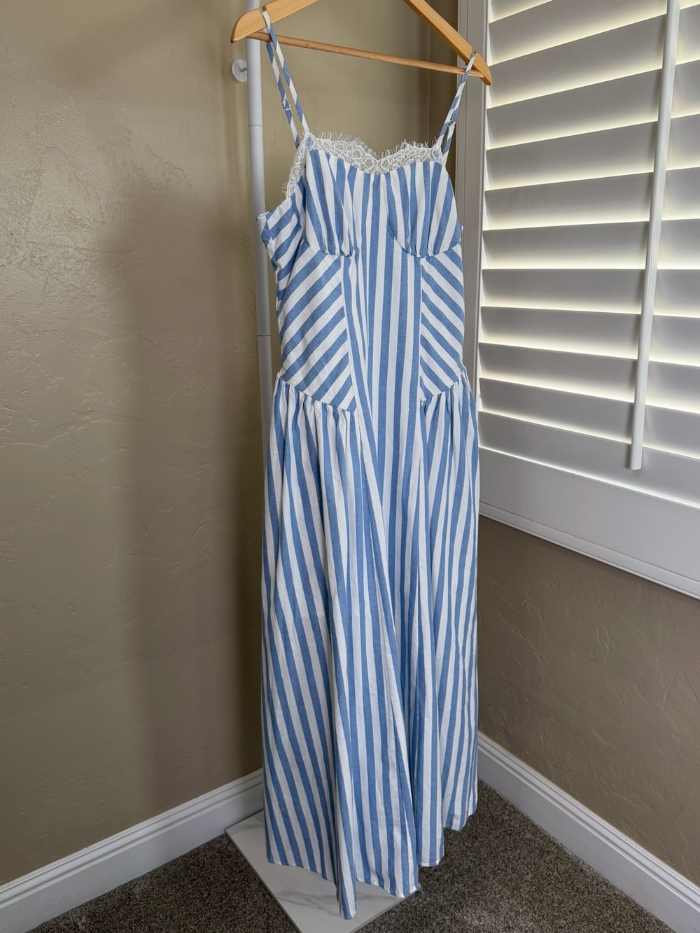 Commense Light Blue White Striped Cotton Lace Cami Maxi Dress Large NWT - Picture 5 of 10